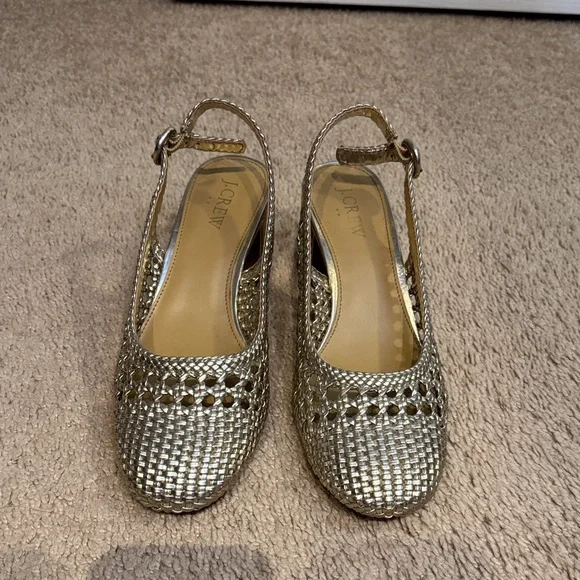 J. Crew Elegant Gold Woven Women's Heeled Shoes Size 7 with Buckles - Picture 2 of 7